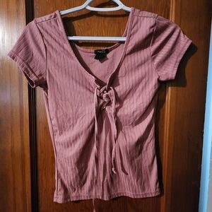 Pink Ribbed Tie-Front Top